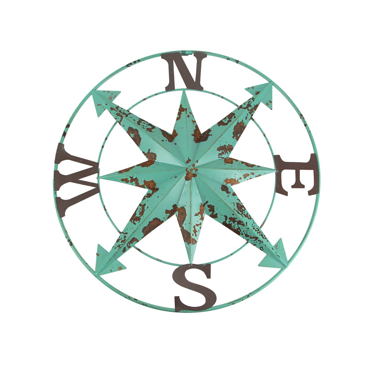 24 Inch Distressed Turquoise Metal Compass Rose Nautical Wall Decor Hanging Art